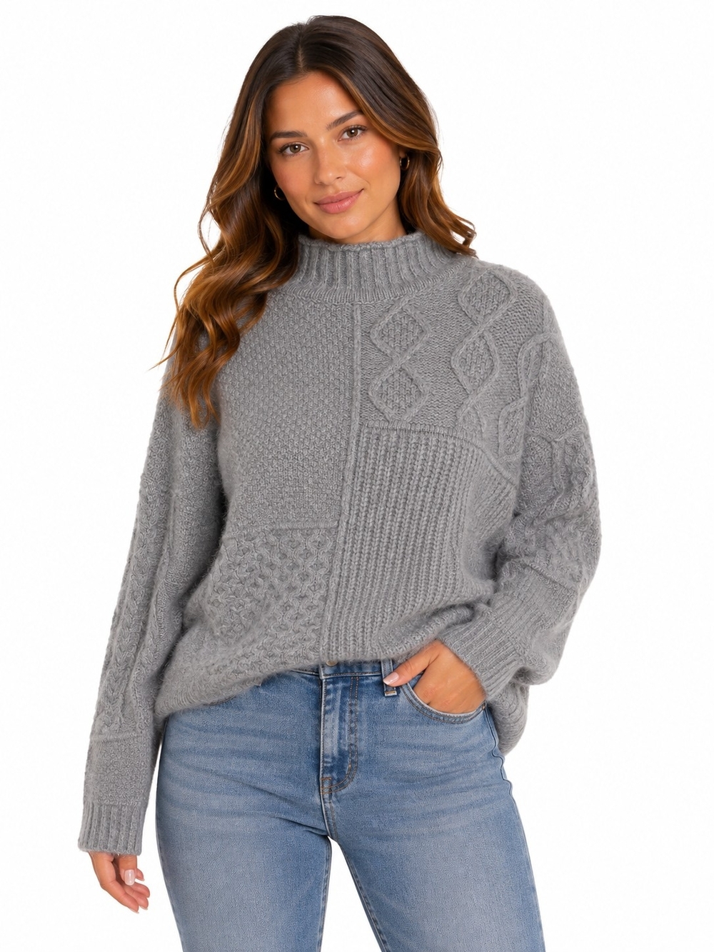 American Eagle Outfitters Grey Cable Patchwork Mock Neck Sweater